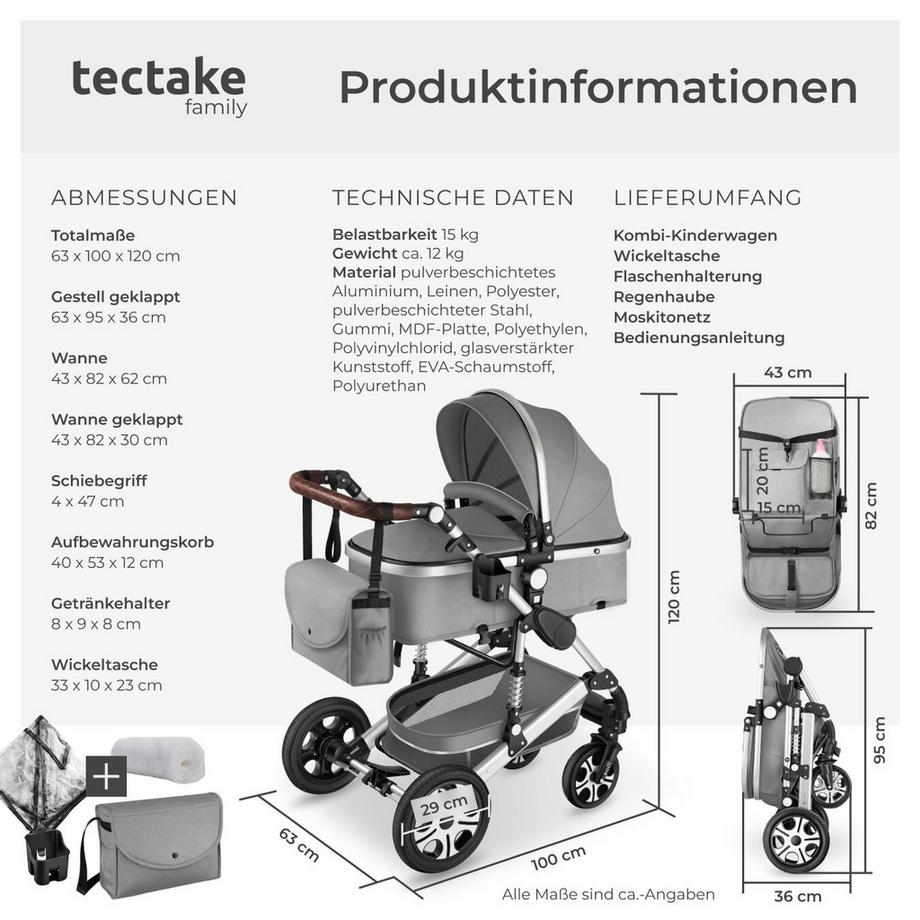 Tectake  Kombi-Kinderwagen Mats 2 in 1, klappbar, mit 5-Punkt-Gurt, Bremse, Schutzbügel und Handschlaufe verstellbare Rückenlehne und Schiebegriff, faltbares Verdeck 