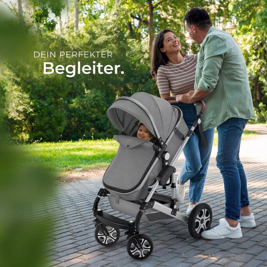 Tectake  Poussette combinée MATS 2-en-1 pliable avec harnais à 5 points, frein, arceau de sécurité et dragonne 