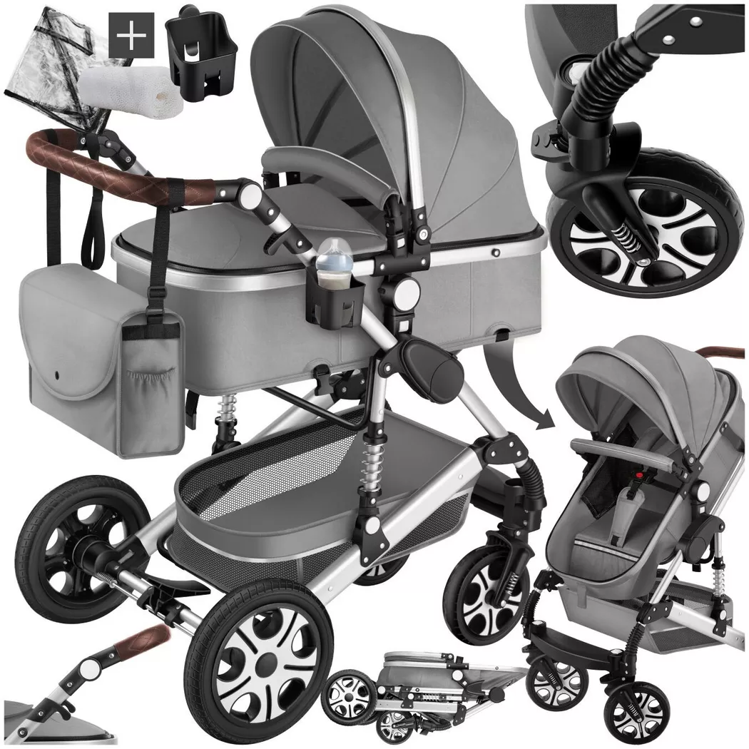 Tectake - Kombi-Kinderwagen Mats 2 in 1, klappbar, mit 5-Punkt-Gurt, Bremse, Schutzbügel und Handschlaufe verstellbare Rückenlehne und Schiebegriff, faltbares Verdeck, Grau