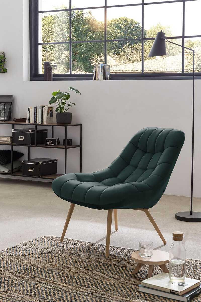 mutoni Fauteuil XXL velours vert pieds métal imitation bois  