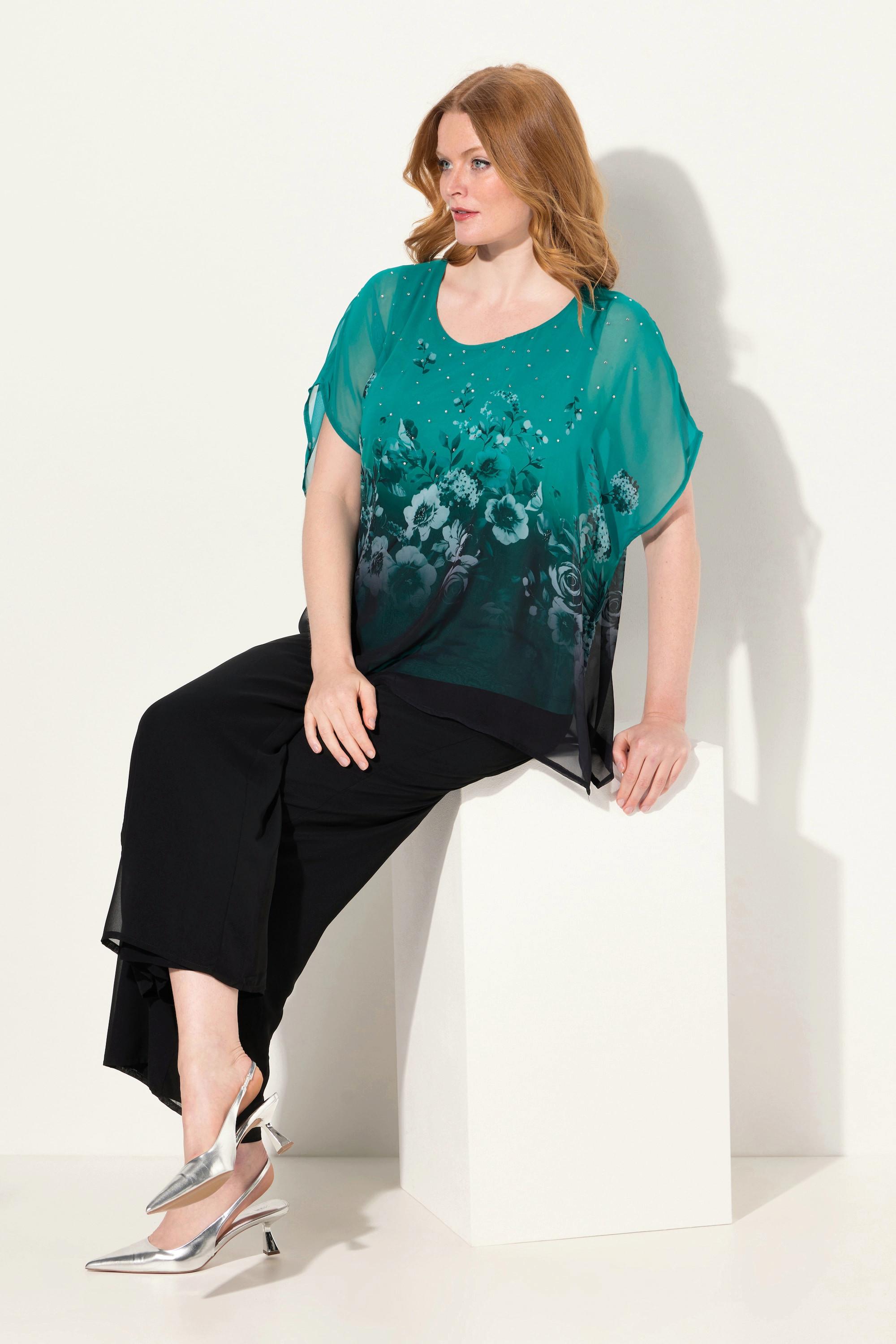 Ulla Popken  Blusenshirt, oversized, Chiffon mit Blüte, Jersey 