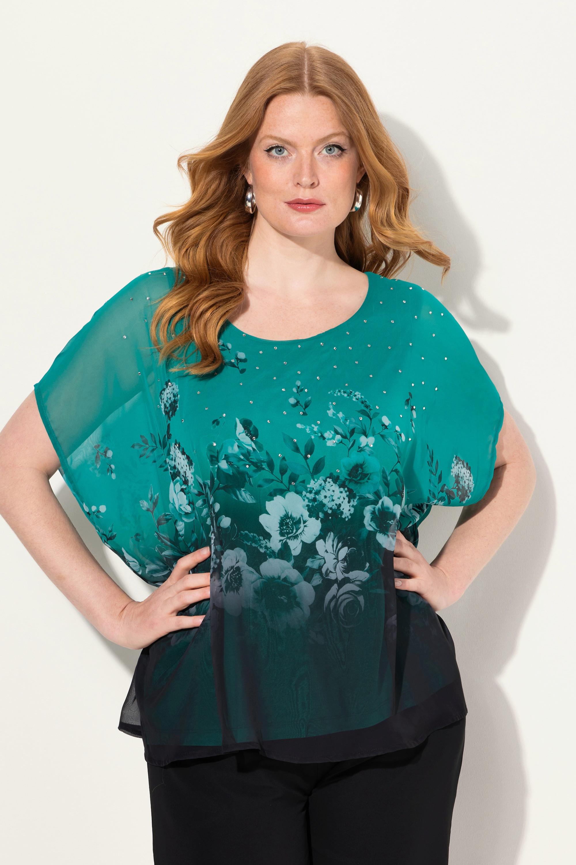 Ulla Popken  Blusenshirt, oversized, Chiffon mit Blüte, Jersey 