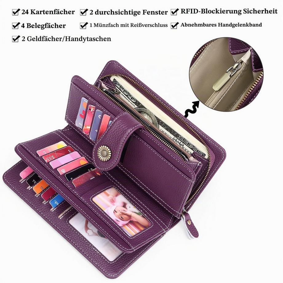 Only-bags.store Portefeuille En Cuir Grand Embrayage Protection RFID Bloquant le Porte-Monnaie Long de Grande Capacité avec 24 Emplacements pour Cartes  
