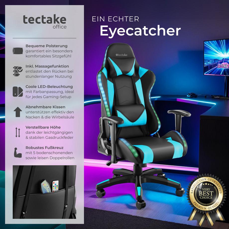 Tectake Gamingstuhl Tartaros ergonomische Form, mit verstellbarer Rückenlehne mit LED-Beleuchtung und Massagefunktion  
