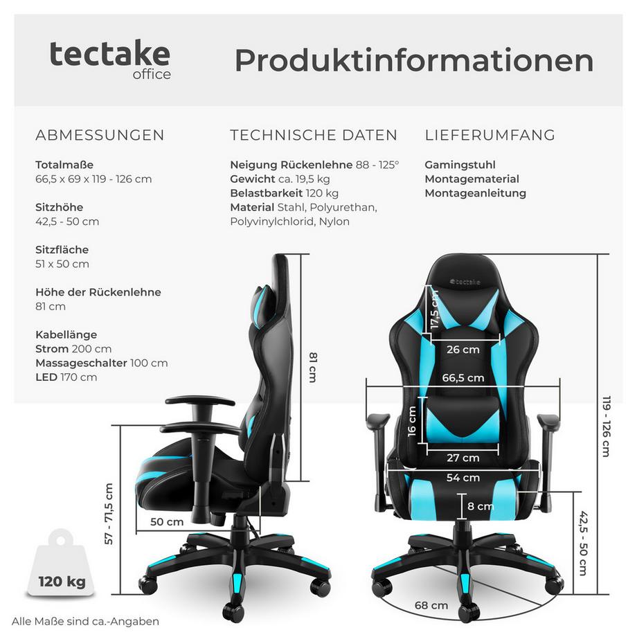 Tectake Gamingstuhl Tartaros ergonomische Form, mit verstellbarer Rückenlehne mit LED-Beleuchtung und Massagefunktion  