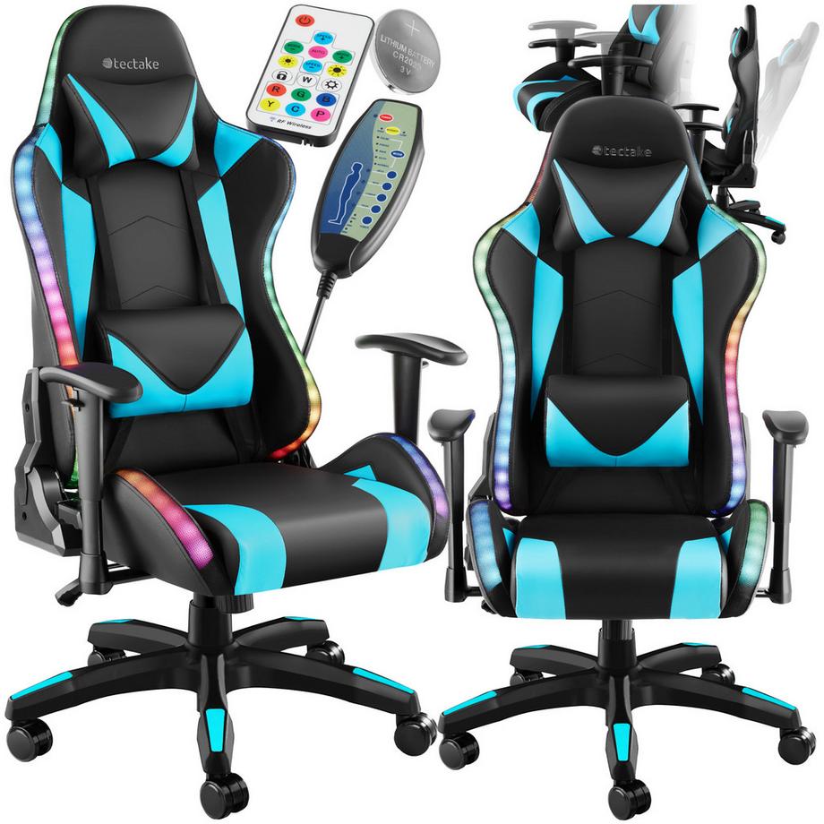 Tectake Gamingstuhl Tartaros ergonomische Form, mit verstellbarer Rückenlehne mit LED-Beleuchtung und Massagefunktion  