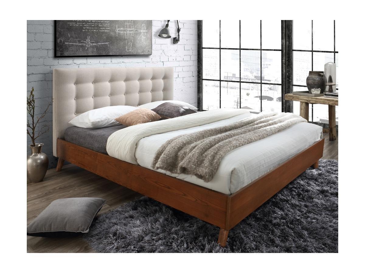 Vente-unique Letto 160 x 200 cm con testata trapuntata Tessuto Beige + Materasso - FRANCESCO  