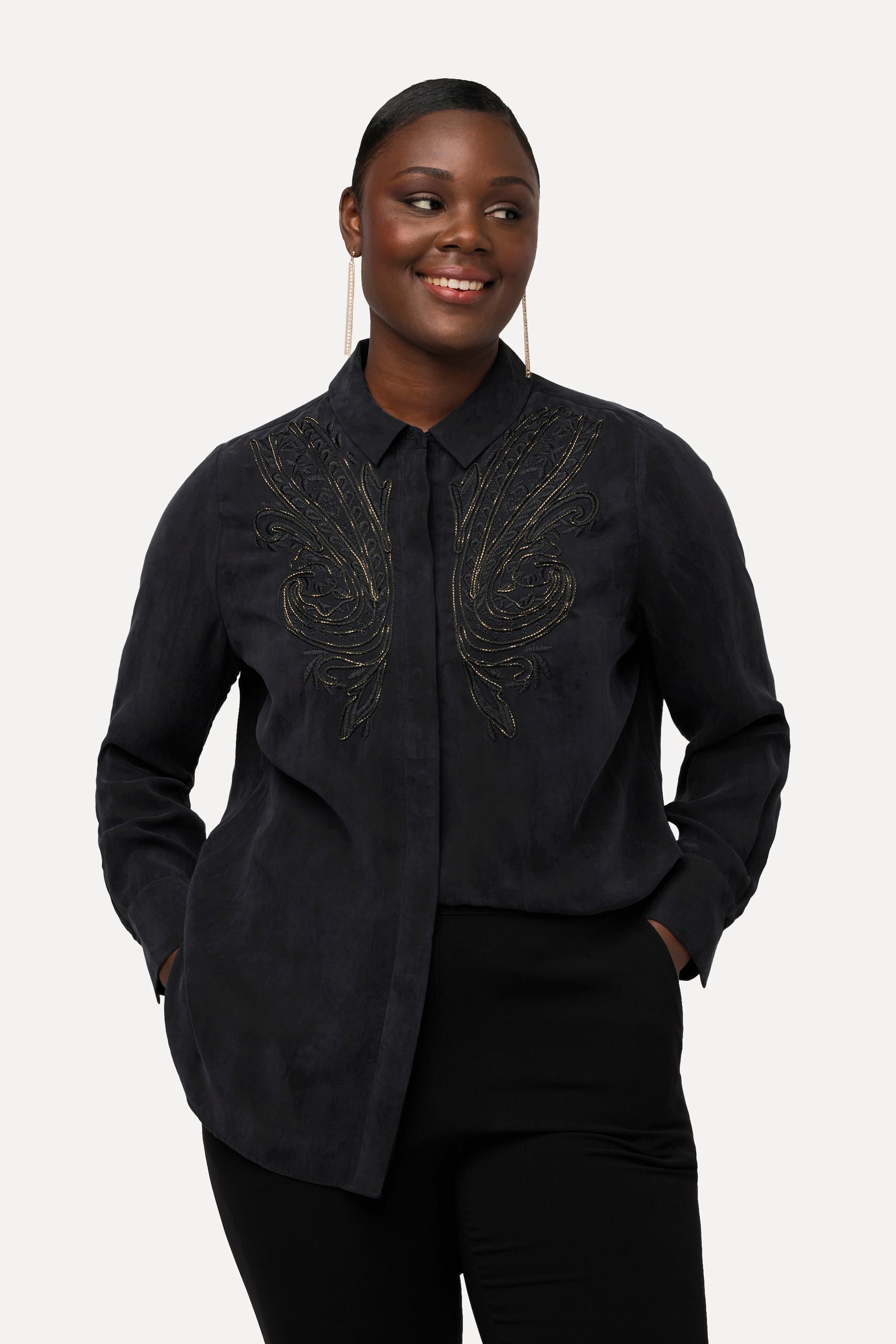 Ulla Popken  Blouse en cupro à col chemise et manches longues, broderie 