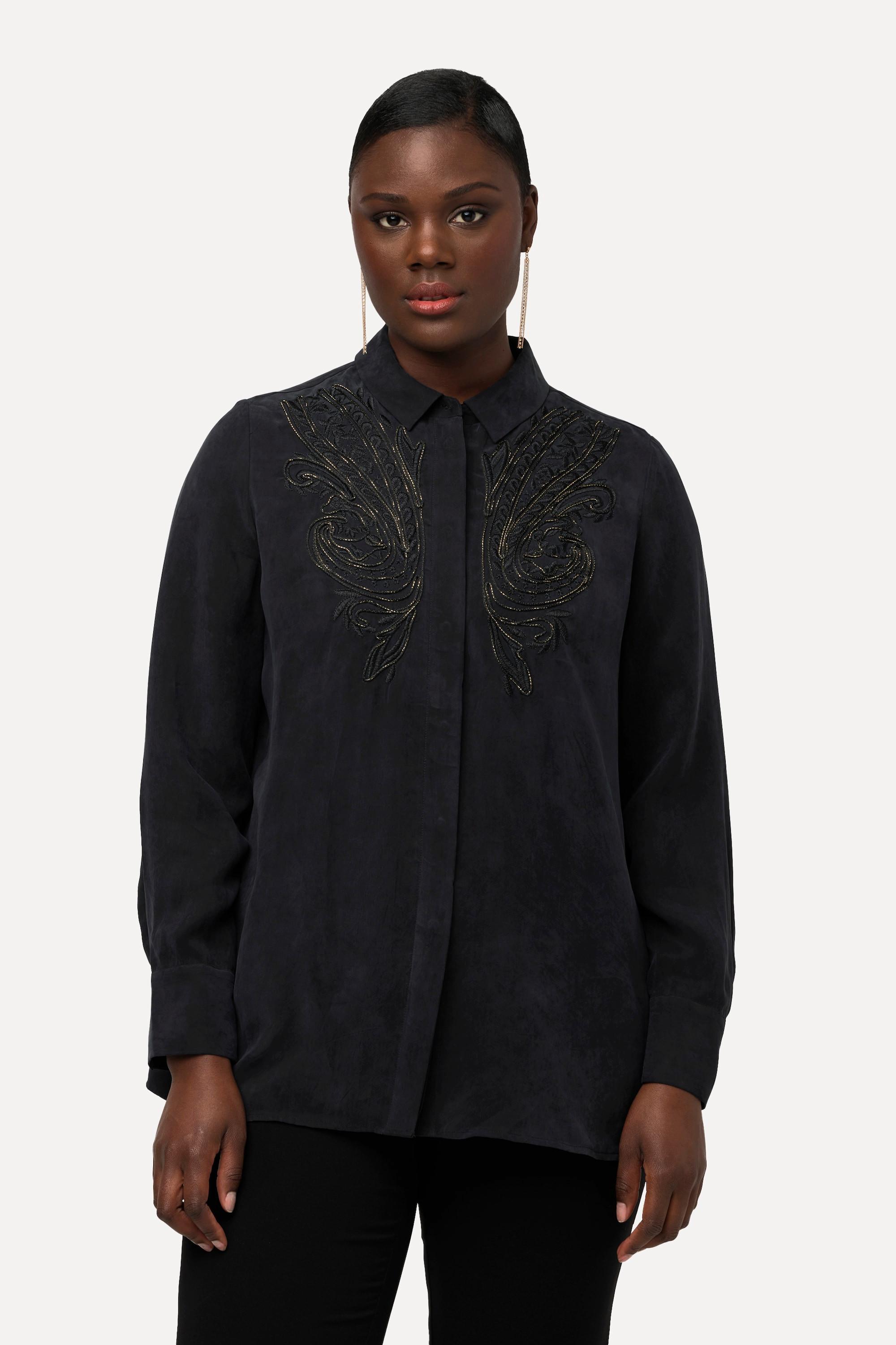 Ulla Popken  Blouse en cupro à col chemise et manches longues, broderie 