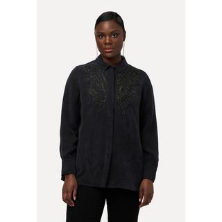 Ulla Popken  Blouse en cupro à col chemise et manches longues, broderie 