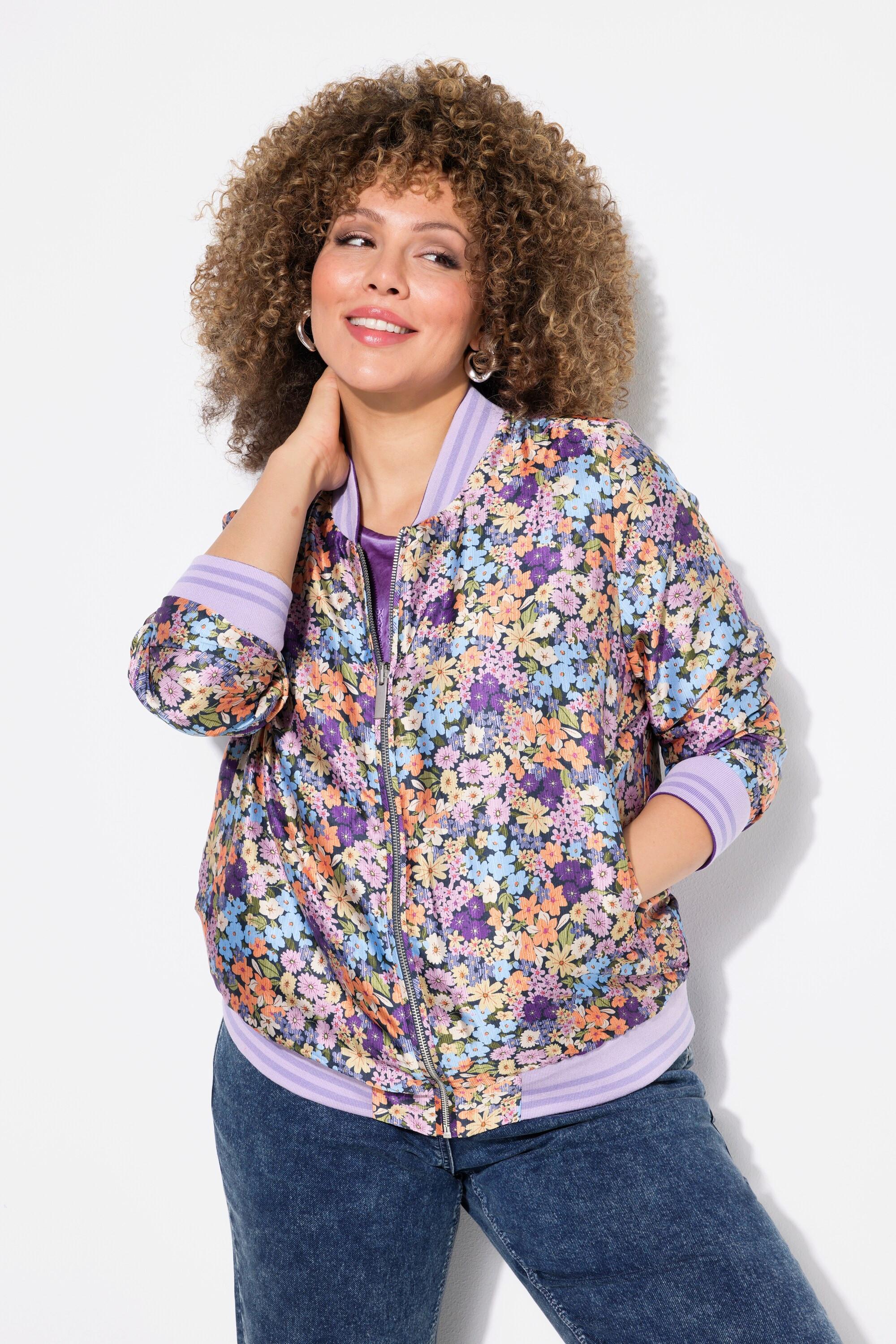 Ulla Popken Wendeblouson Blüten Uni Collegekragen Rippbündchen  