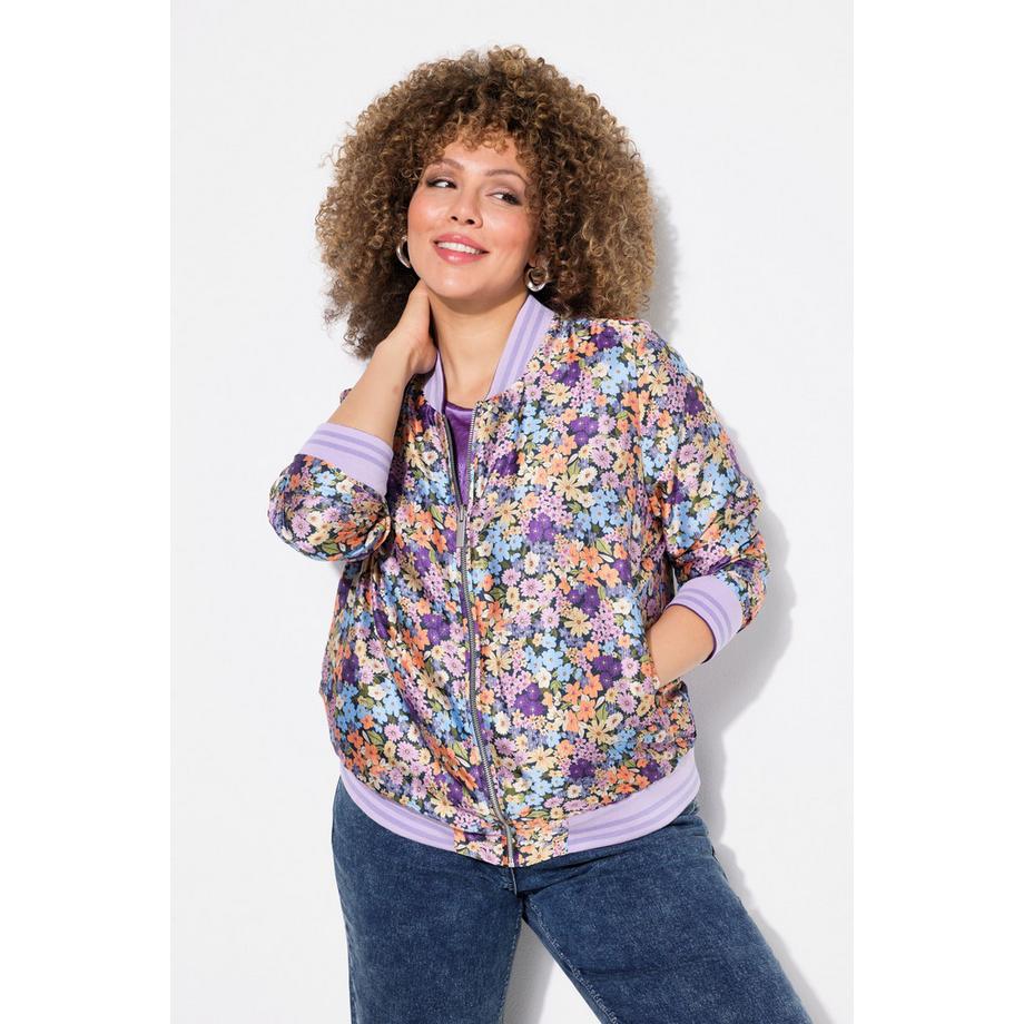 Ulla Popken Blouson Réversible Fleurs Uni Col Teddy Bords-Côtes  