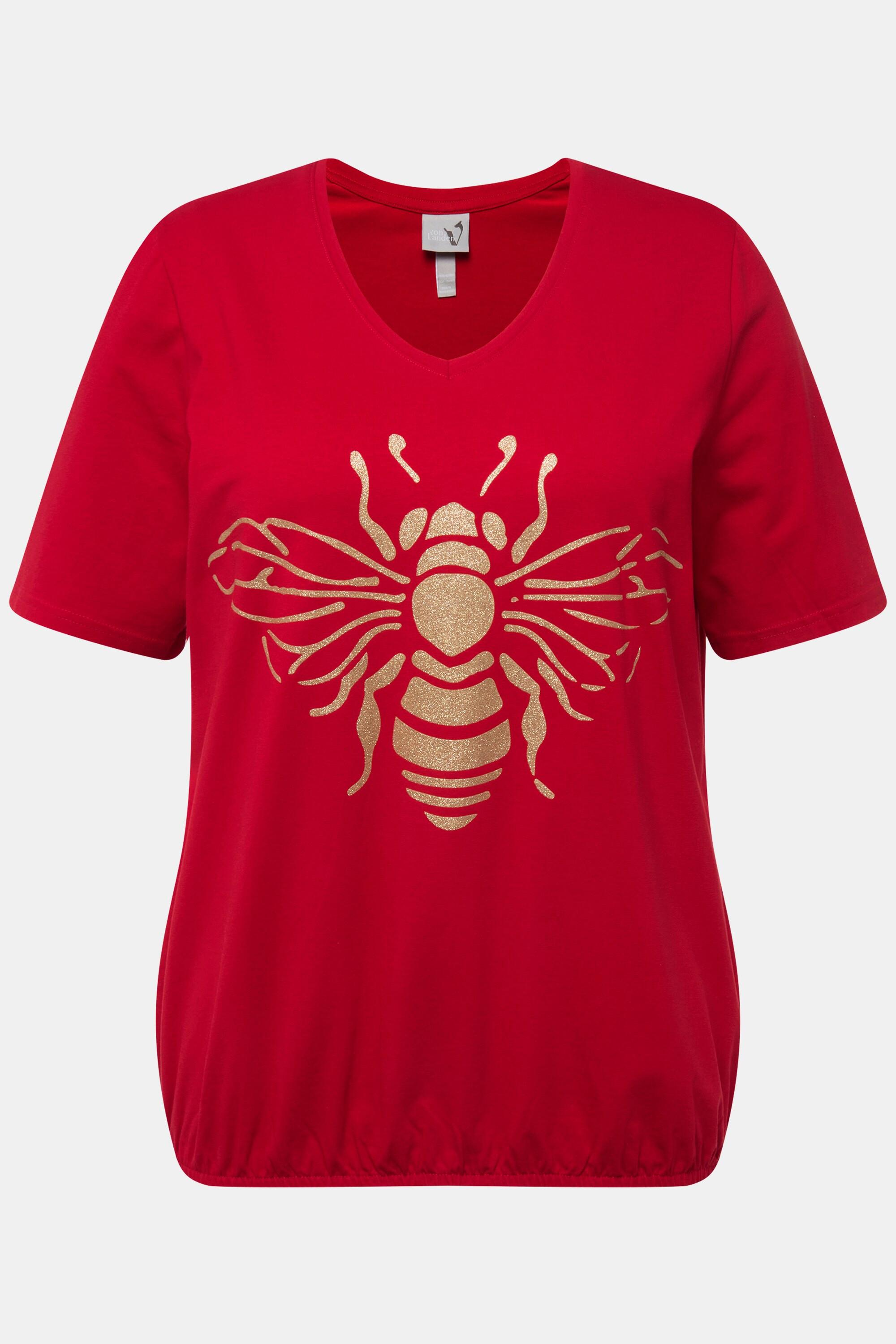 Ulla Popken  T-shirt à manches courtes, avec col V et base élastique. Imprimé abeilles 