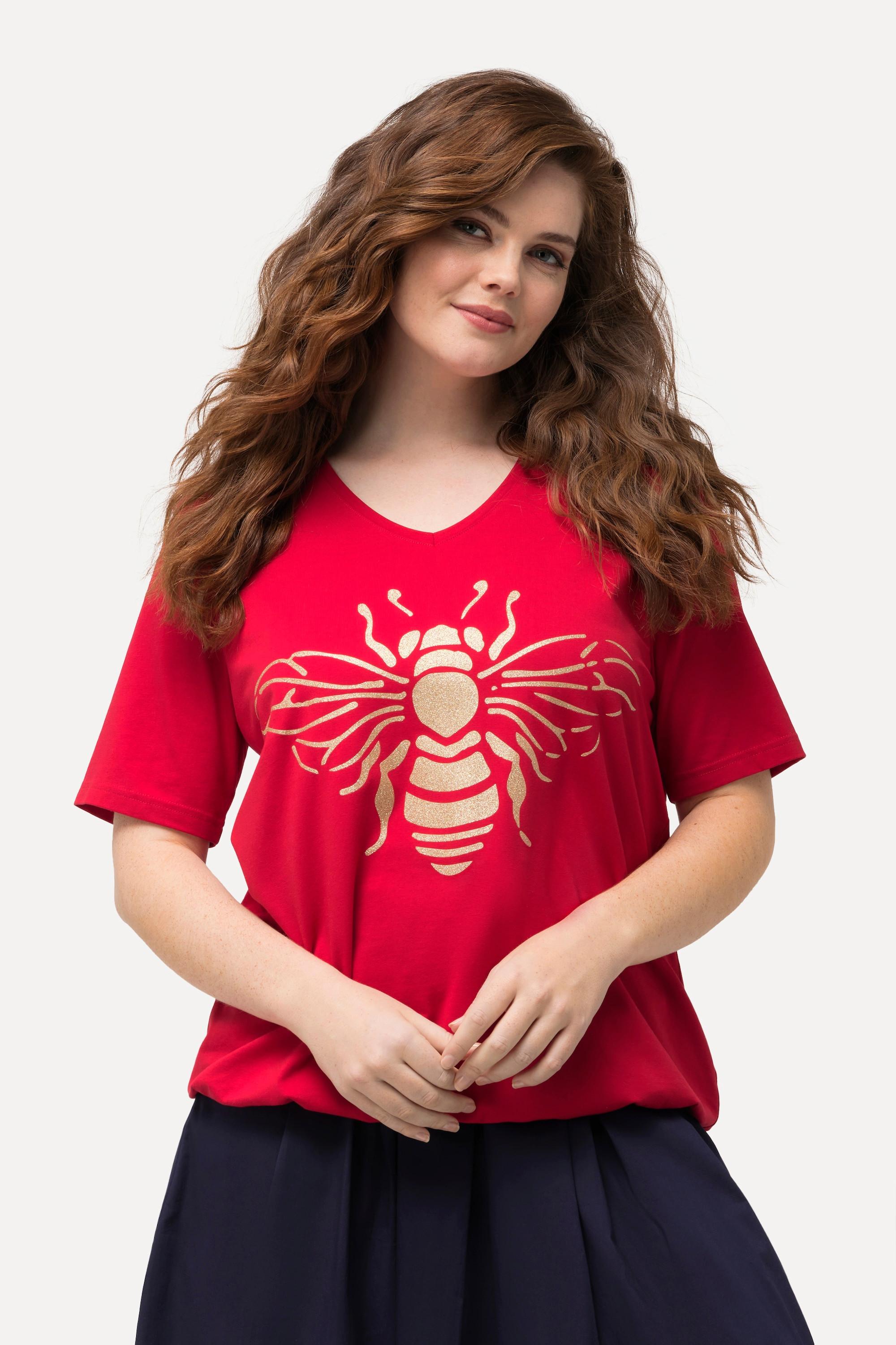 Ulla Popken  T-shirt à manches courtes, avec col V et base élastique. Imprimé abeilles 