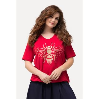 Ulla Popken  T-shirt con api, scollo a V, orlo elastico e mezze maniche 