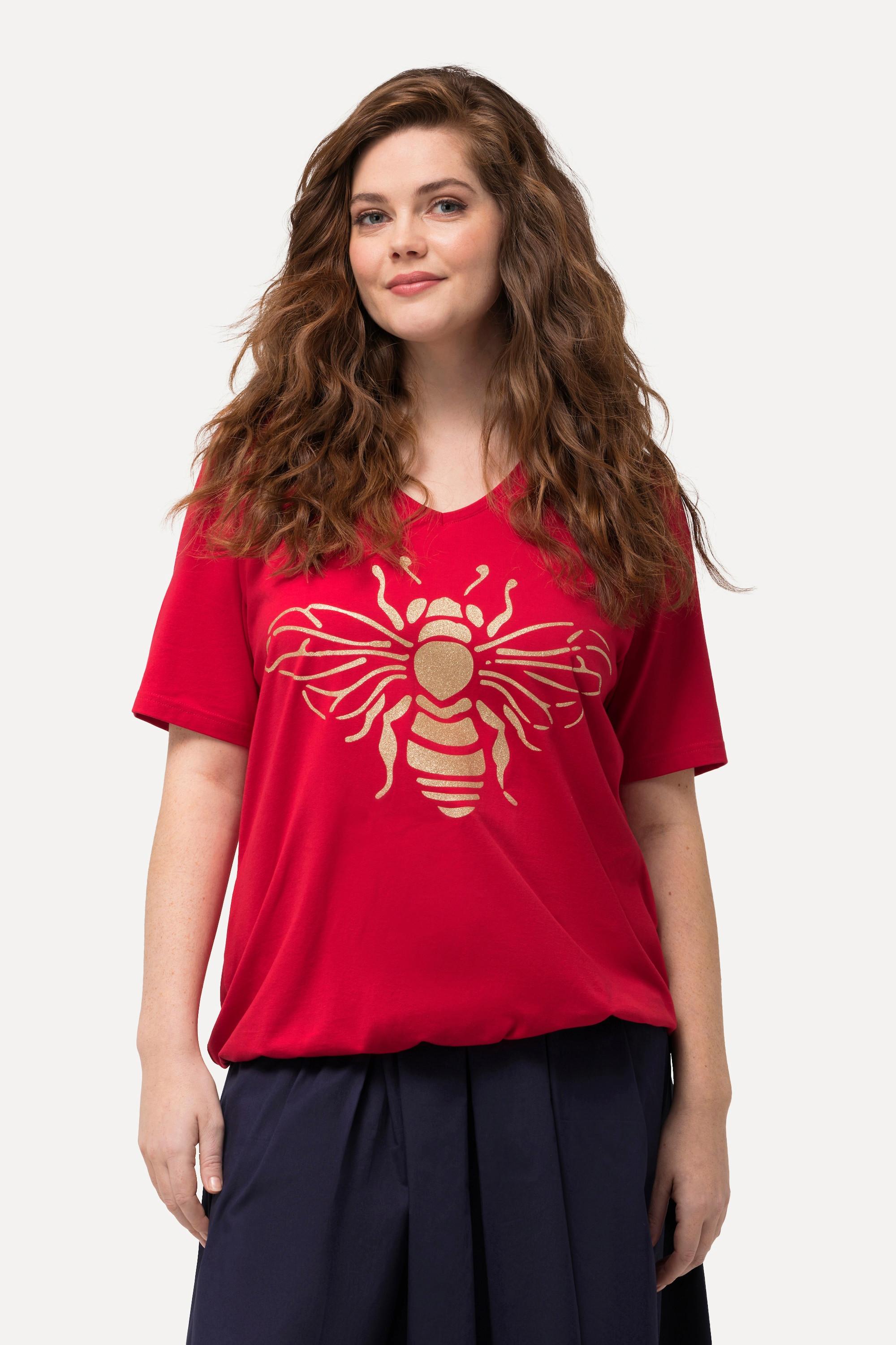 Ulla Popken  T-shirt à manches courtes, avec col V et base élastique. Imprimé abeilles 