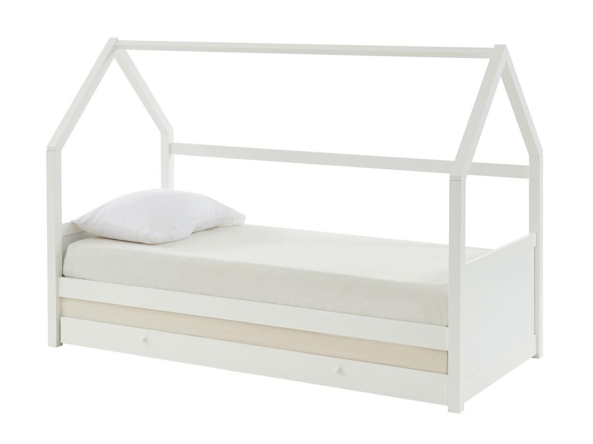 Vente-unique Lit gigogne cabane 2 x 90 x 190 cm - Pin - Blanc + Matelas - HURRA  