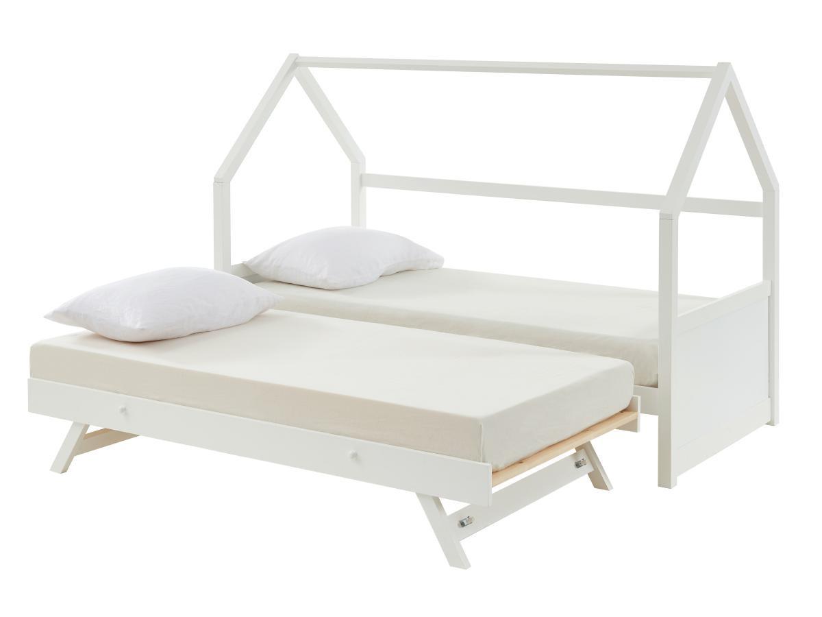 Vente-unique Lit gigogne cabane 2 x 90 x 190 cm - Pin - Blanc + Matelas - HURRA  