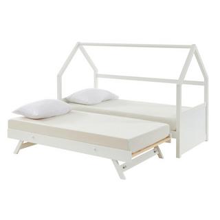 Vente-unique Lit gigogne cabane 2 x 90 x 190 cm - Pin - Blanc + Matelas - HURRA  