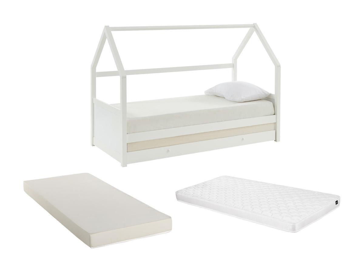 Vente-unique Lit gigogne cabane 2 x 90 x 190 cm - Pin - Blanc + Matelas - HURRA  