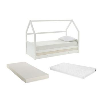 Lit gigogne cabane 2 x 90 x 190 cm - Pin - Blanc + Matelas - HURRA