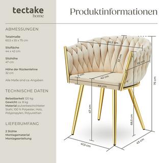 Tectake Lot de chaises de salle à manger ASTANO rembourrée avec revêtement en velours et design noué  