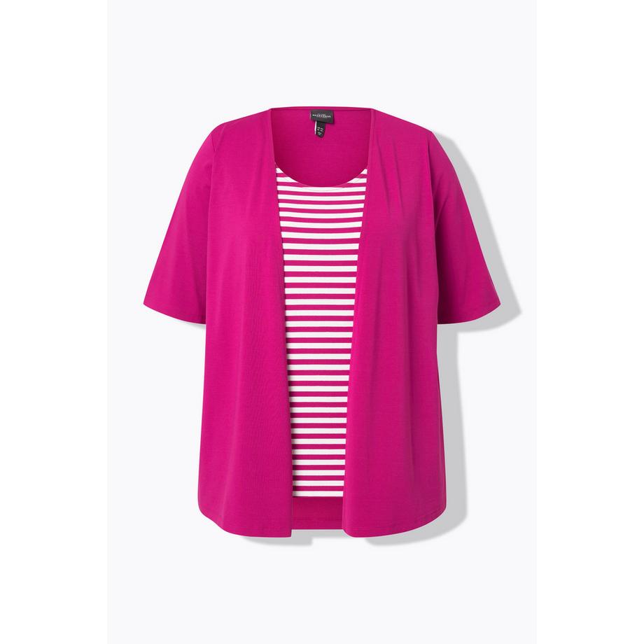 Ulla Popken T-shirt 2 en 1 Rayé Col Rond Manches Courtes  