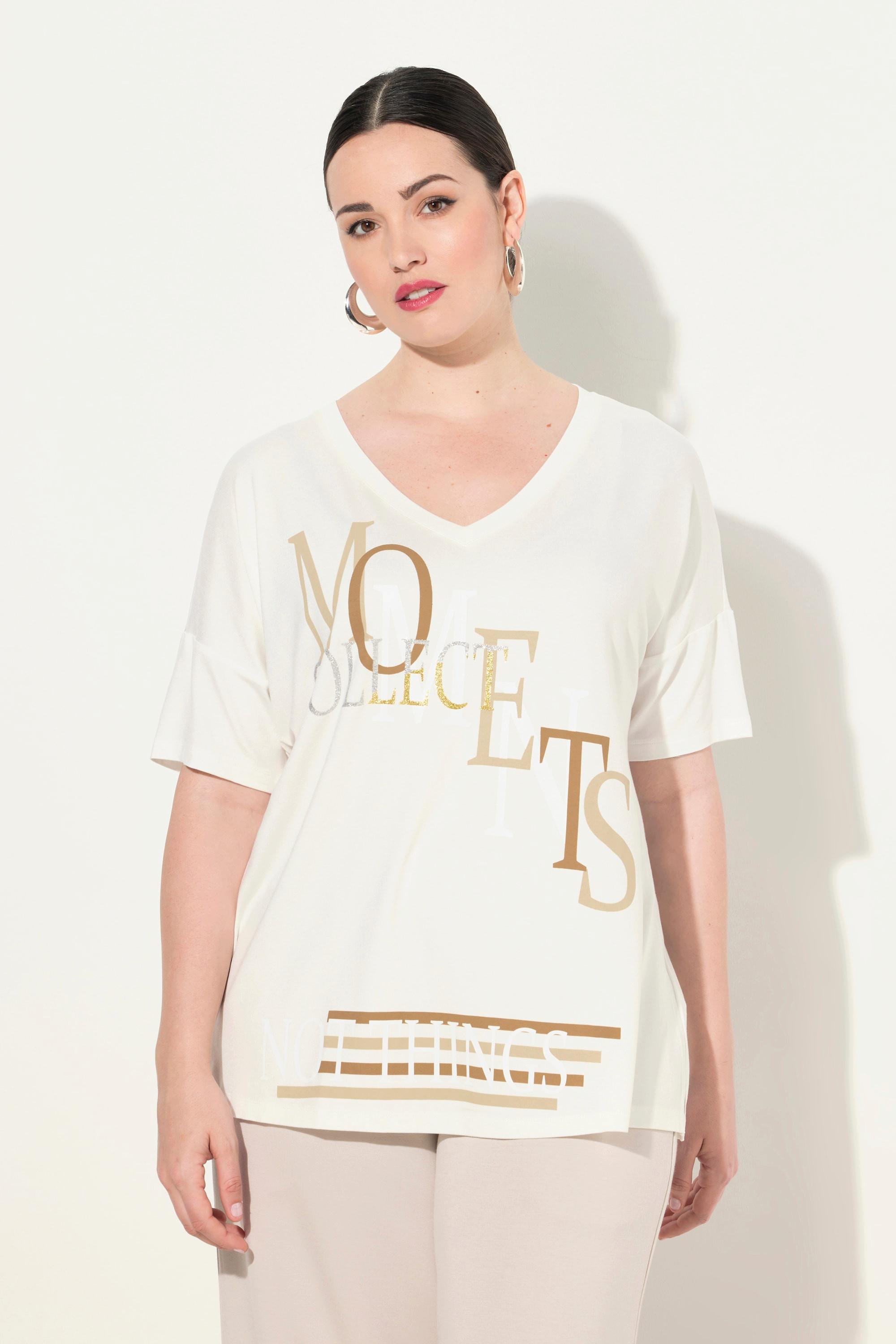 Ulla Popken  T-shirt con scritta, scollo a V e mezze maniche 