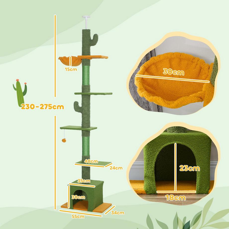 Northio  Arbre à chat haut plafond, arbre à chat, arbre à chat de 230 à 275 cm avec grotte pour chat, poteaux à gratter, balle de jeu, meubles pour chat avec protection des pointes, vert 