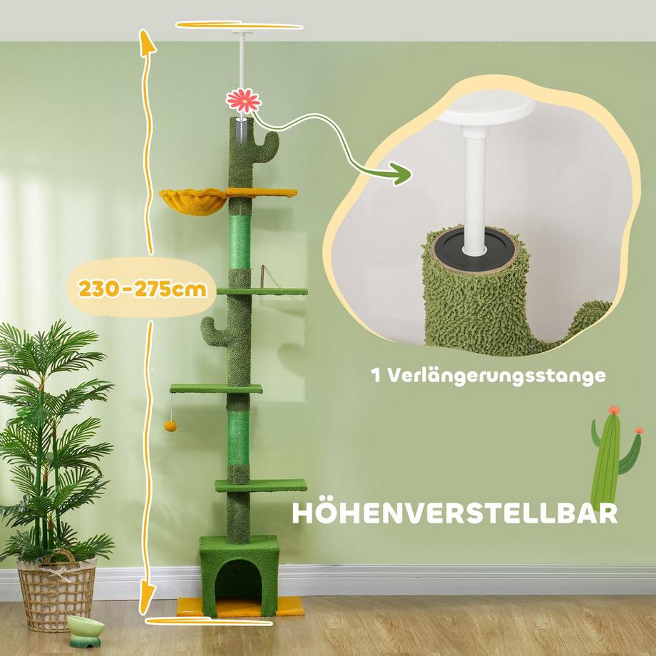 Northio  Arbre à chat haut plafond, arbre à chat, arbre à chat de 230 à 275 cm avec grotte pour chat, poteaux à gratter, balle de jeu, meubles pour chat avec protection des pointes, vert 