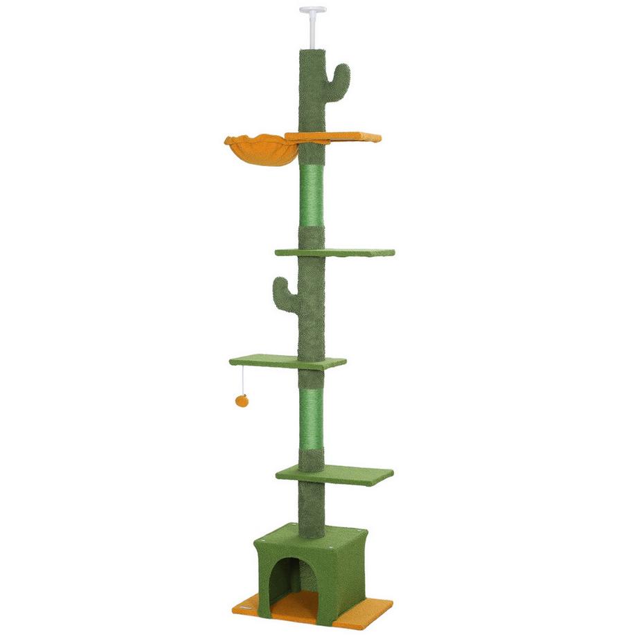 Northio  Arbre à chat haut plafond, arbre à chat, arbre à chat de 230 à 275 cm avec grotte pour chat, poteaux à gratter, balle de jeu, meubles pour chat avec protection des pointes, vert 