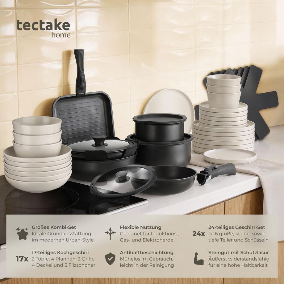 Tectake Küchenstarterset Una/Parma Geschirrset aus Steingut, mit Glasur 4 Pfannen und 2 Töpfe mit Glasdeckel, rostfreies Aluminium mit Antihaftbeschichtung, induktionsgeeignet  
