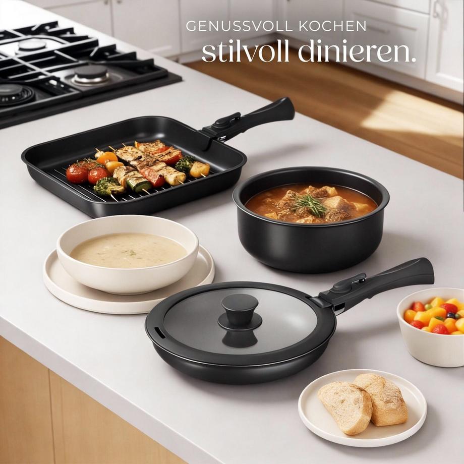 Tectake Küchenstarterset Una/Parma Geschirrset aus Steingut, mit Glasur 4 Pfannen und 2 Töpfe mit Glasdeckel, rostfreies Aluminium mit Antihaftbeschichtung, induktionsgeeignet 41-tlg.  