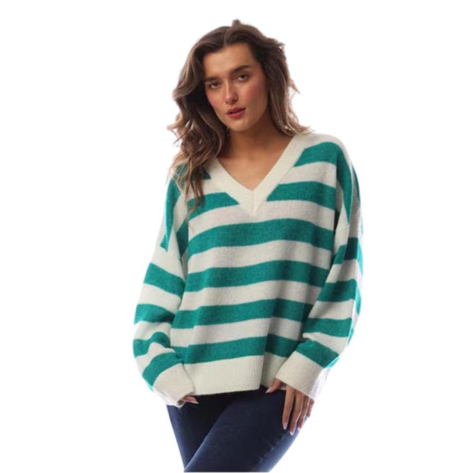 BOSS Top in Maglione a Righe con Scollatura a V e Maniche a Goccia  