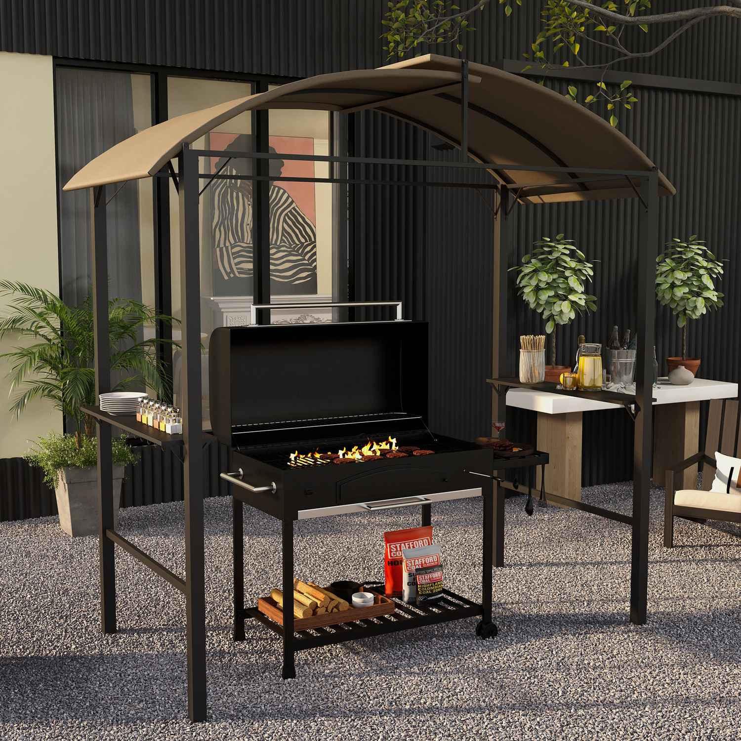Northio Bbq Grill Pavilion 1,1 X 2,3 M Tonnelle De Jardin Résistante Aux Intempéries Avec Toit En Polyester, Étagères Latérales, Pour Grills Jusqu'À 100 Cm, Acier, Kaki  