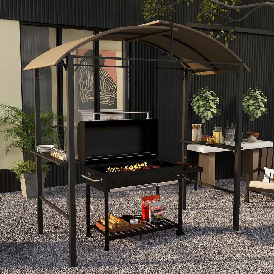 Northio Bbq Grill Pavilion 1,1 X 2,3 M Gazebo Da Giardino Resistente Alle Intemperie Con Tetto In Poliestere, Ripiani Laterali, Per Barbecue Fino A 100 Cm, Acciaio, Kaki  