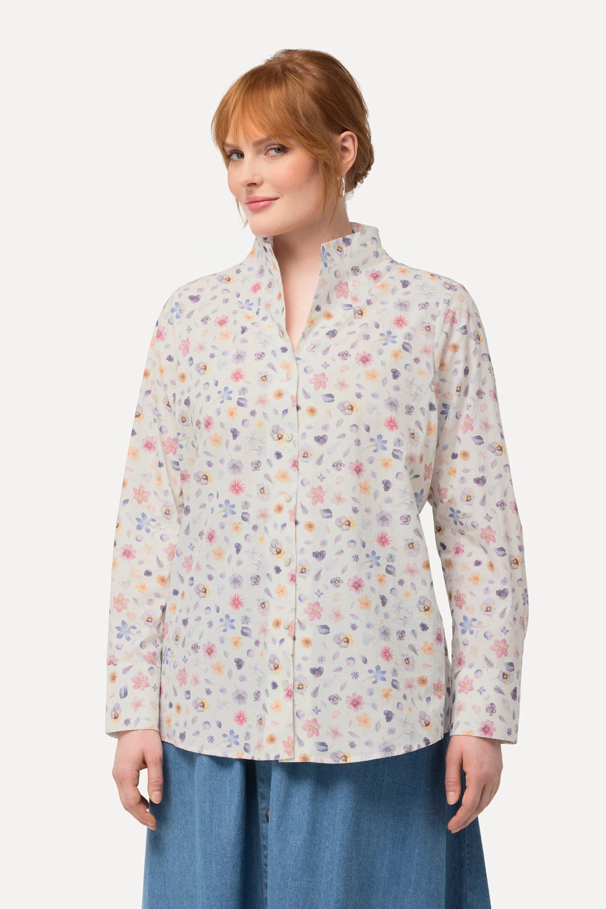 Ulla Popken  Bluse, Blüten, Kelchkragen, Langarm 