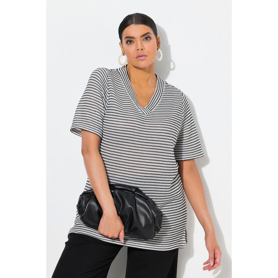 Ulla Popken Felpa Righe Strutturate Scollo a V Mezza Manica  