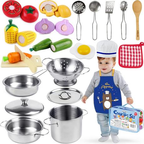 Activity-board  Accessoires de cuisine pour enfants en bois I jouet en bois accessoires de cuisine jeu casseroles set de cuisson acier inoxydable avec nourriture pour enfants 