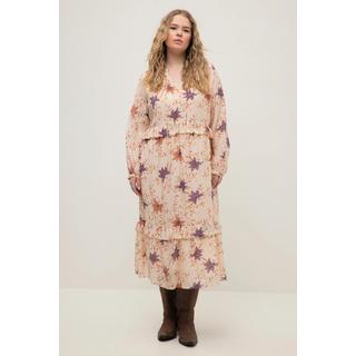 Studio Untold Maxikleid A-Linie Blumen Print Rüschen Tunika-Ausschnitt Langarm  