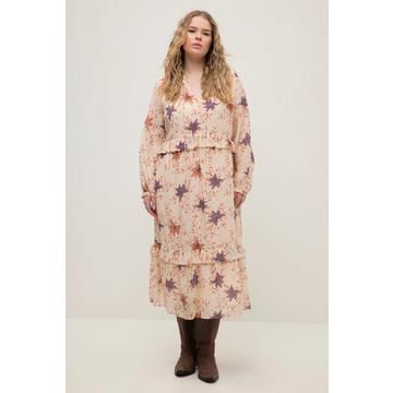 Robe maxi avec ruchés. Motif à fleurs. Ligne en A. Col tunisien et manches longues.