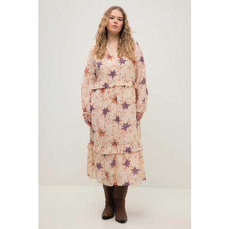 Studio Untold Maxikleid A-Linie Blumen Print Rüschen Tunika-Ausschnitt Langarm  