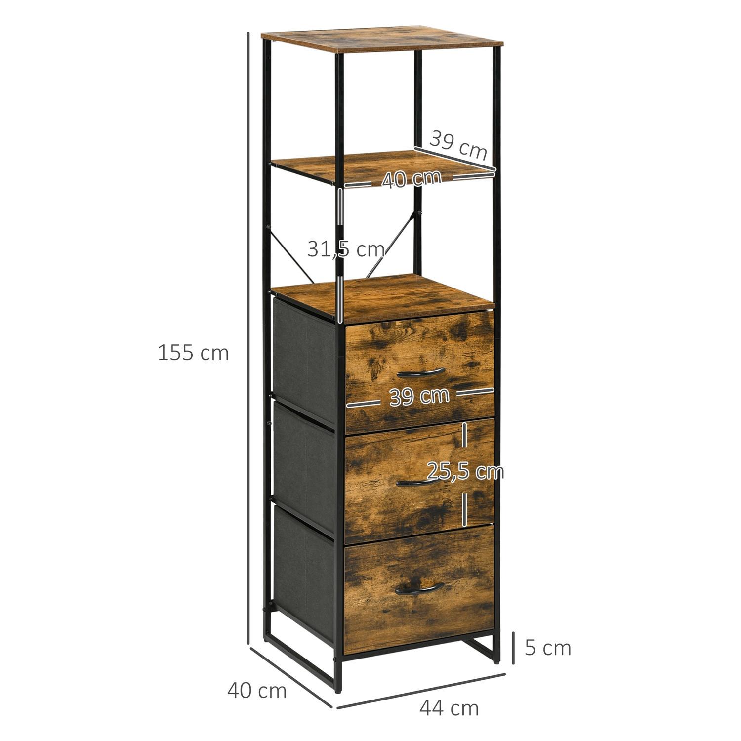 Northio Commode, meuble de rangement avec 3 tiroirs pliables en tissu, 2 étagères, armoire latérale de style industriel pour salon, marron rustique  