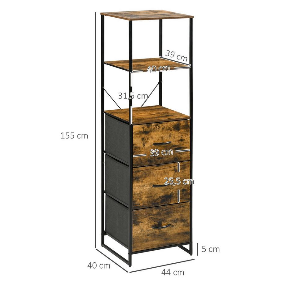 Northio Commode, meuble de rangement avec 3 tiroirs pliables en tissu, 2 étagères, armoire latérale de style industriel pour salon, marron rustique  