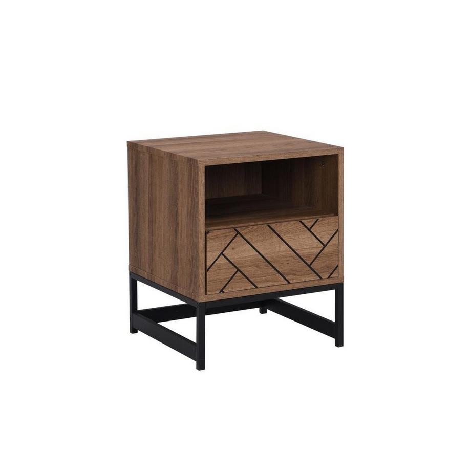 Table de chevet 1 tiroir et 1 niche - MDF et Acier - Coloris : Naturel et noir - CARATANA