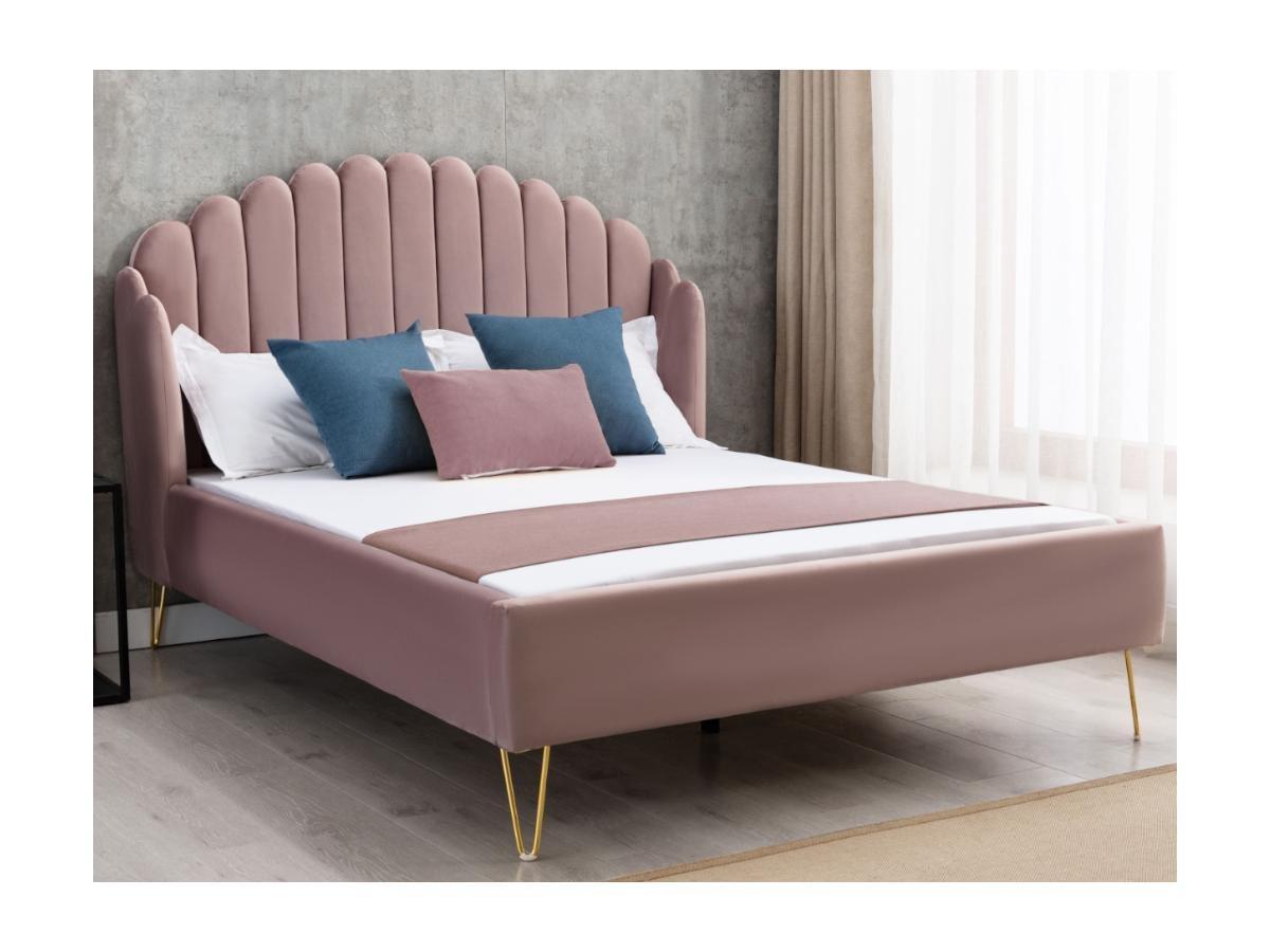 Vente-unique Letto 140 x 190 con con testata letto ondulata Velluto Rosa antico + Materasso - SAGALI  