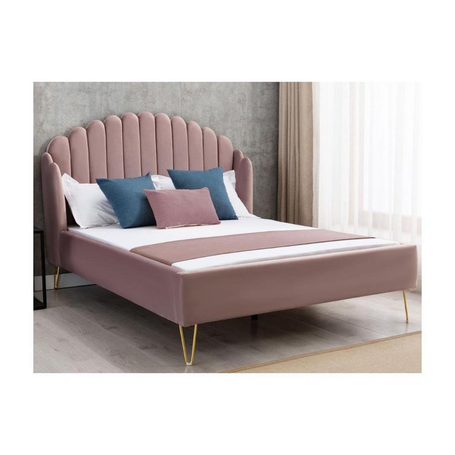 Vente-unique Polsterbett 140 x 190 cm - wellenförmiges Kopfteil - Samt - Altrosa + Matratze - SAGALI  