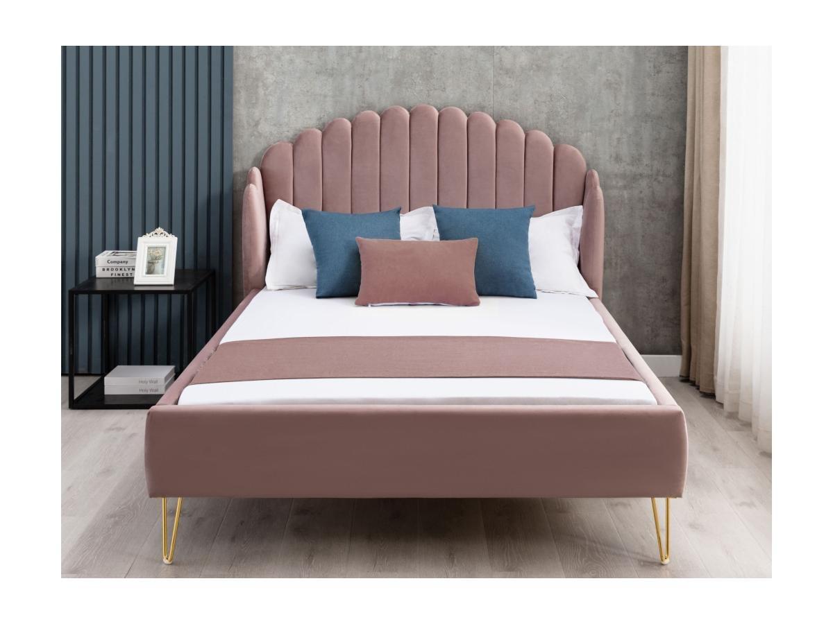 Vente-unique Letto 140 x 190 con con testata letto ondulata Velluto Rosa antico + Materasso - SAGALI  