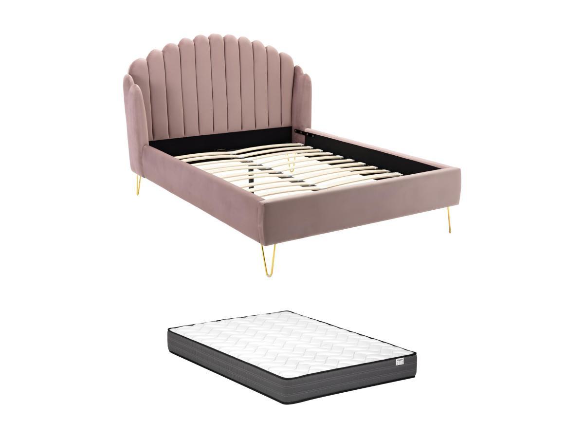 Vente-unique Letto 140 x 190 con con testata letto ondulata Velluto Rosa antico + Materasso - SAGALI  