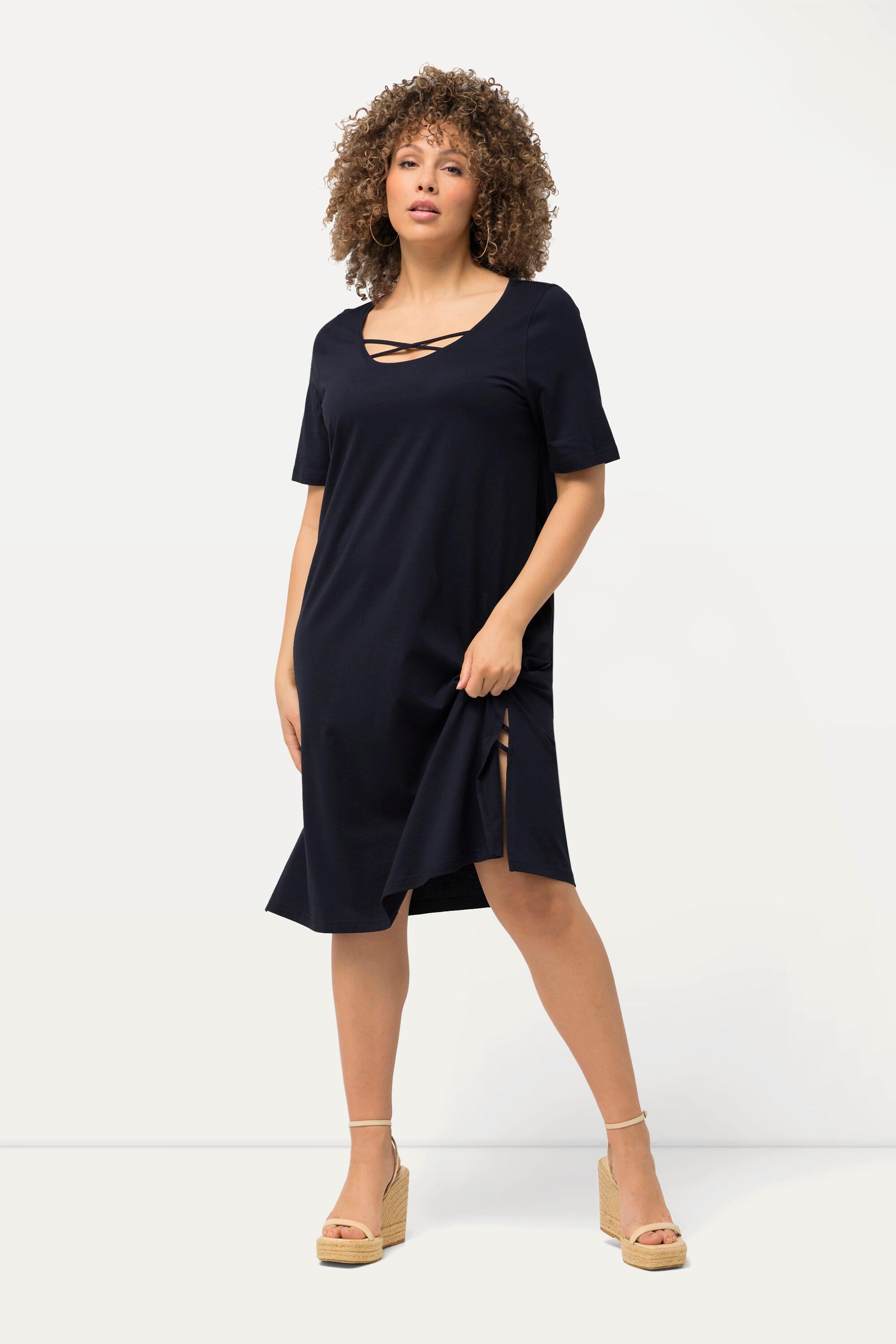 Ulla Popken  Jerseykleid, Zierbänder, A-Linie, Rundhals, Halbarm 